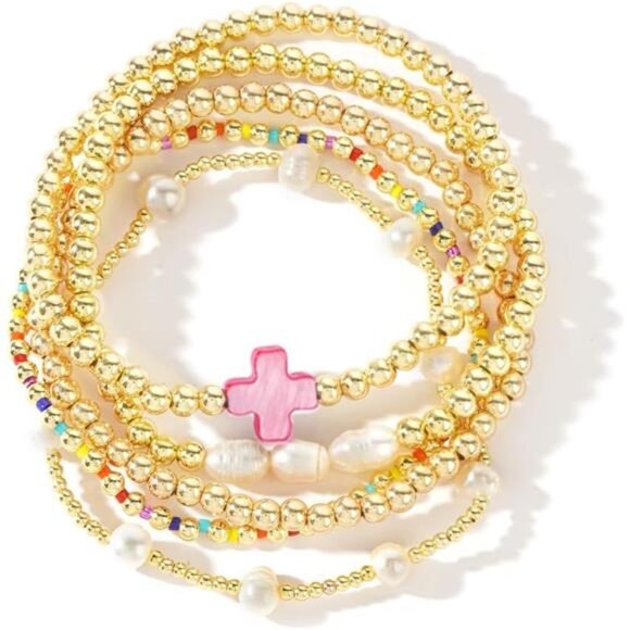 Gold Pearl Beaded Cross Bracelet Set Stretch Boho Layered Christian Jewelry - Picture 1 of 7